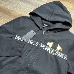 True Religion‎ Hoodie Men's Medium Jet Black Foil Taping Zip-Up Streetwear NEW